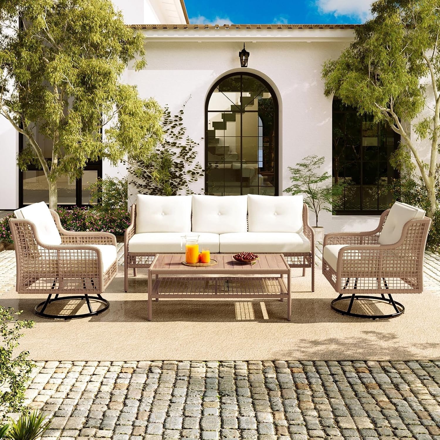 4-Piece Outdoor Wicker Patio Conversation Set with Swivel Chairs, 5-Person Rattan Sectional Seating, Beige for Backyard Poolside Deck