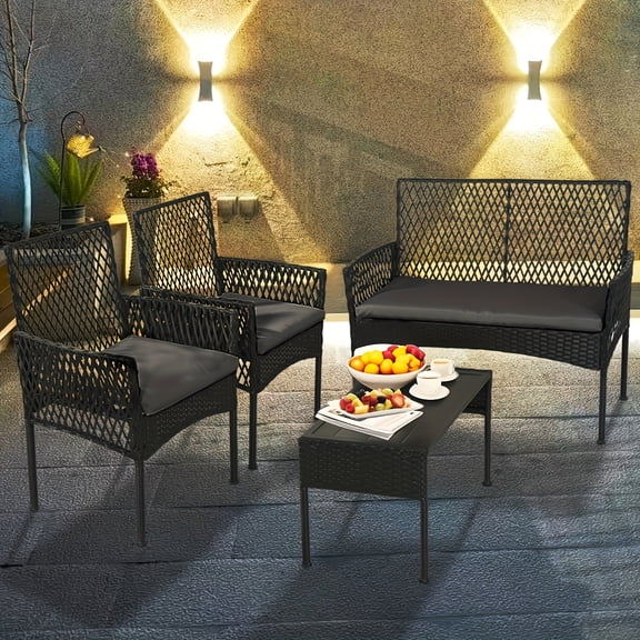 4-Piece Wicker Outdoor Conversation Sets with Cushions and Coffee Table