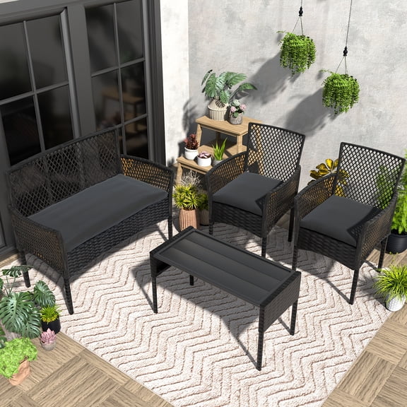 4-Piece Wicker Outdoor Conversation Sets with Cushions and Coffee Table