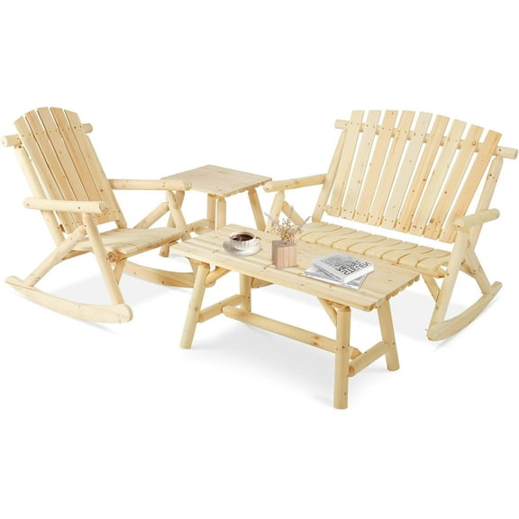 4-Piece Outdoor Wood Rocking Bistro Set, Adirondack Rocker Chair Set with Rocking Bench, Log Rocker and 2 Coffee Tables, Patio Wooden Furniture Set, High Fanned Back & Slatted Seat, Natural