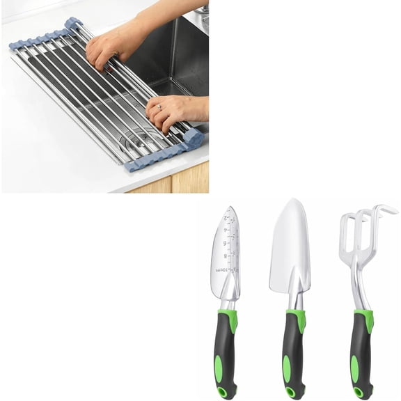 4 Piece Over The Sink Dish Drying Rack And 3 Piece Orange Garden Tool Set