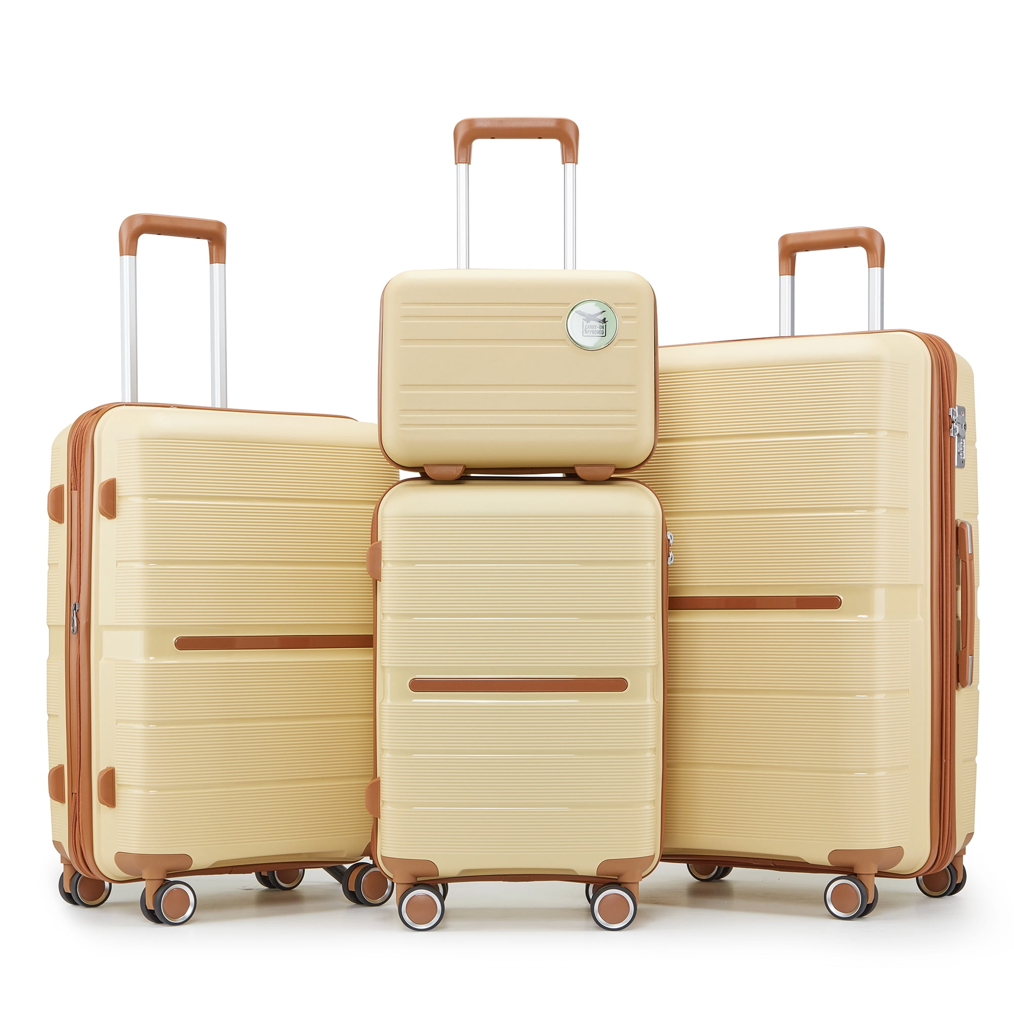 4 Piece PP Hard Shell Luggage Sets,Lightweight& Durable Suitcase with TSA Lock,Airline Certified Carry-on Luggage(14/20/24/28in),Apricot Cream