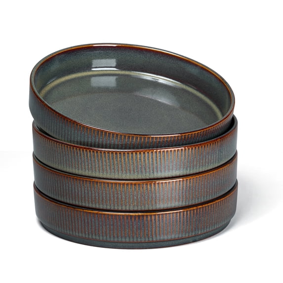 Vesteel Pasta Bowls Set of 4, 32oz Large Salad Bowls for Dinner Serving Soup, Ceramic Stoneware Pasta Plates with Textured Stripes, Microwave & Dishwasher Safe, Blackish Green