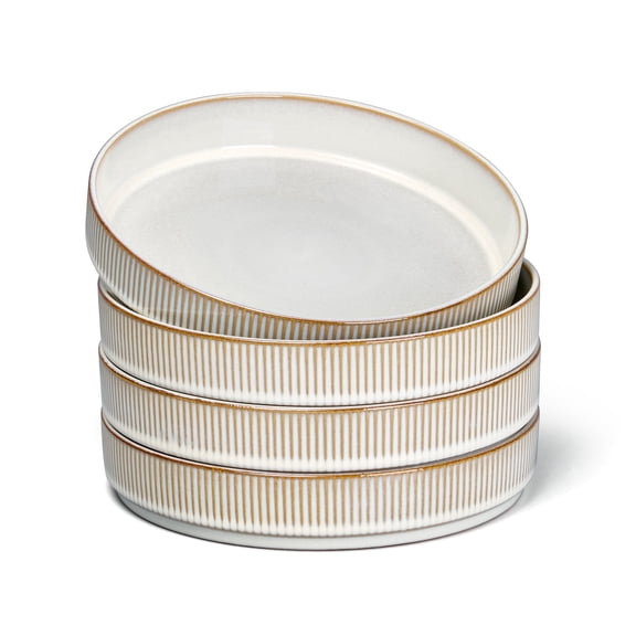 Vesteel Pasta Bowls Set of 4, 32oz Large Salad Bowls for Dinner Serving Soup, Ceramic Stoneware Pasta Plates with Textured Stripes, Microwave & Dishwasher Safe, Seashell White