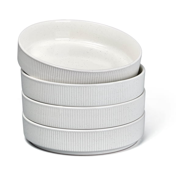Vesteel Pasta Bowls Set of 4, 32oz Large Salad Bowls for Dinner Serving Soup, Ceramic Stoneware Pasta Plates with Textured Stripes, Microwave & Dishwasher Safe, Speckled White