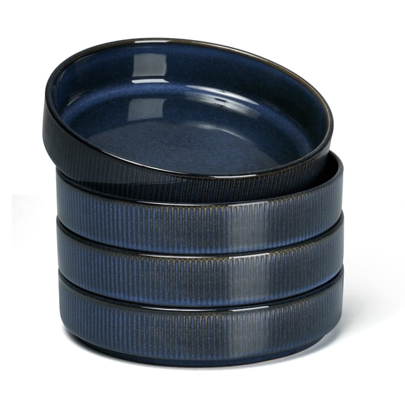 Vesteel Pasta Bowls Set of 4, 32oz Large Salad Bowls for Dinner Serving Soup, Ceramic Stoneware Pasta Plates with Textured Stripes, Microwave & Dishwasher Safe, Ocean Blue
