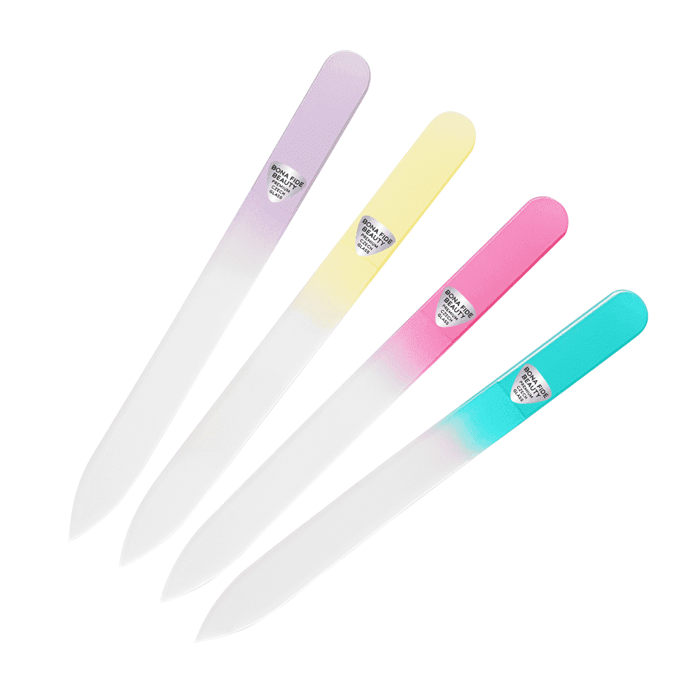 4-Piece Pastel Glass Nail File Set, Glass Fingernail Files for Professional Manicure Nail Care by Bona Fide Beauty, Gentle Precision Filing & Enjoy a Smooth Finish with Premium Czech Glass