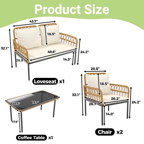4-Piece Patio Bistro Set All-Weather Boho Wicker Rattan Sectional with Metal Frame, Detachable Cushions, Glass Coffee Table Ideal for Balcony, Backyard, Deck Beige Rattan/Black Cushion