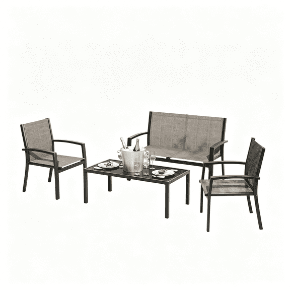 4 Piece Patio Bistro Set with Loveseat, 2 Single Chairs & Coffee Table - Ideal for Porch, Backyard, Balcony, Garden, Light Brown