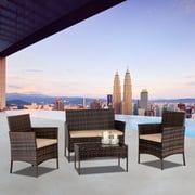 4-Piece Patio Conversation Daybed Sets, Wicker Patio Conversation Furniture Set w/Loveseat Seats, 2 Armchair Sofas, Coffee Dining Table and Padded Cushions, for Porch Poolside Backyard, Beige