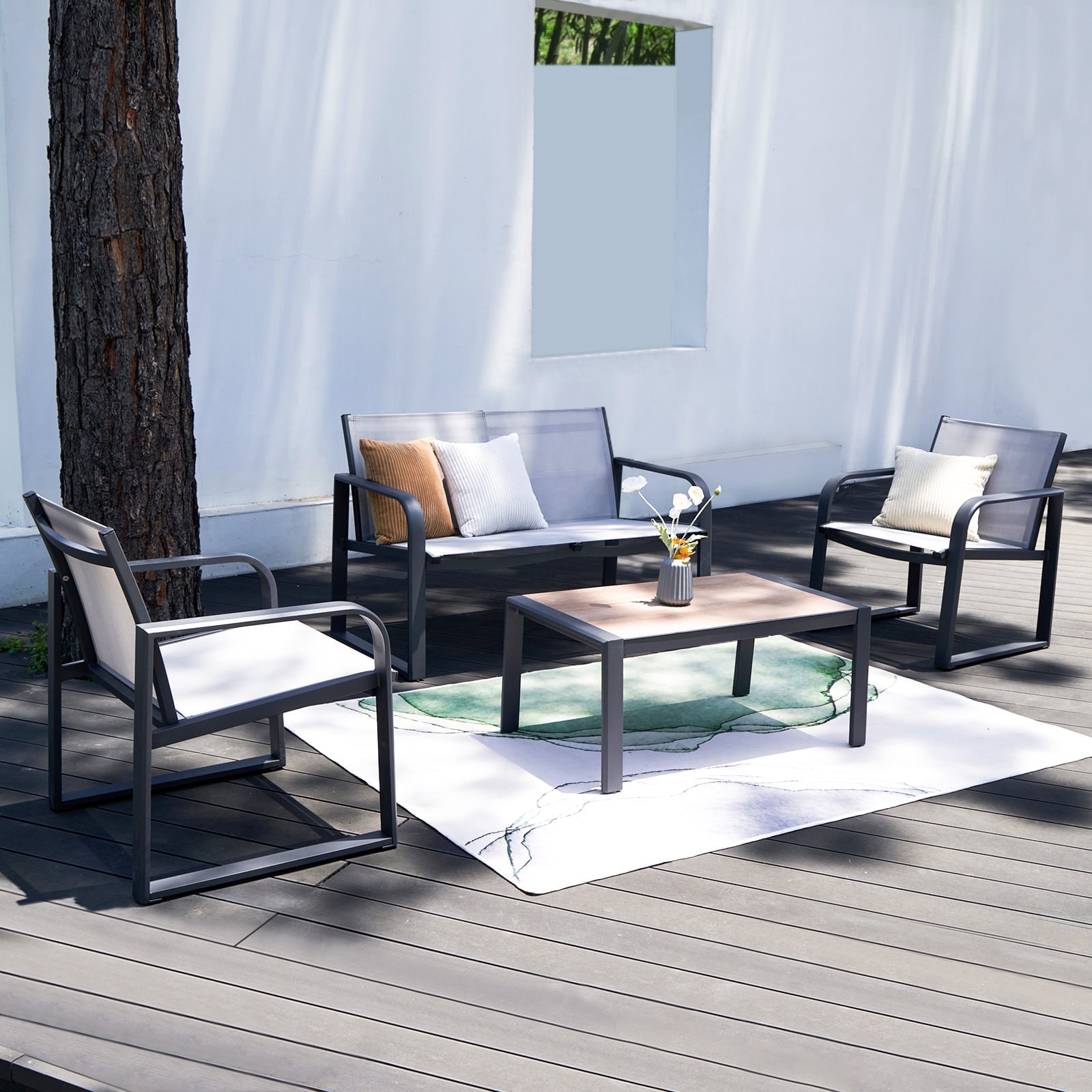 4-Piece Patio Conversation Set, Aluminum Outdoor Furniture with Teslin Fabric - Modern Metal Patio Furniture Set w/Adjustable Feet, All-Weather 2 Chairs, Loveseat & Rectangular Table for Small Spaces