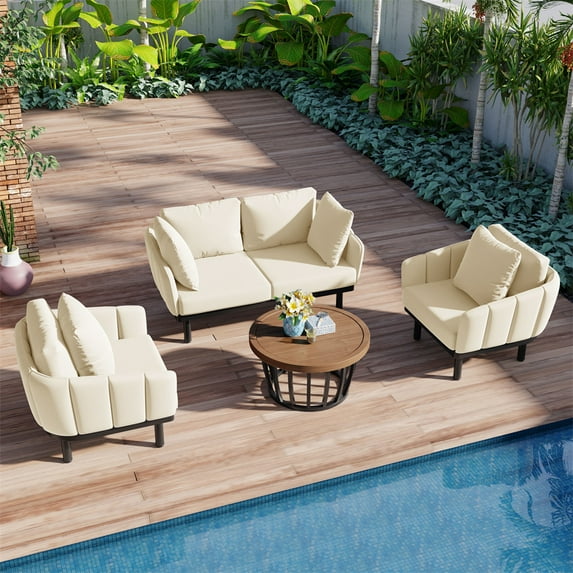 4-Piece Patio Conversation Set, Outdoor Patio Furniture Set with Acacia Wood Round Coffee Table, 1 Loveseat and 2 Single Sofa Chairs for Backyard, Deck, Poolside