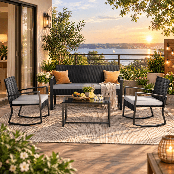 4-Piece Patio Conversation Sets,Asofer Outdoor Sectional Furniture with Coffee Table,Loveseat and Rocking chair,Gray