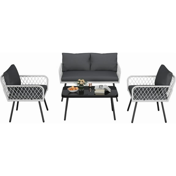 4-Piece Patio Furniture Set – 2 PE Wicker Chairs, Loveseat & Glass Top Coffee Table with 5mm Cushions for Balcony, Garden & Sunroom, Black