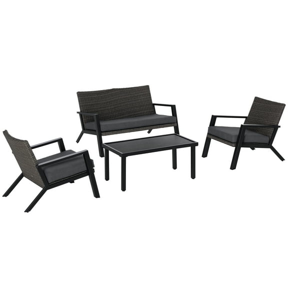 4 Piece Patio Furniture Set, 2 PE Wicker Chairs, Loveseat Sofa, Outdoor Coffee Table, Soft Cushions, Couch & Armchairs for Backyard, Garden, Black