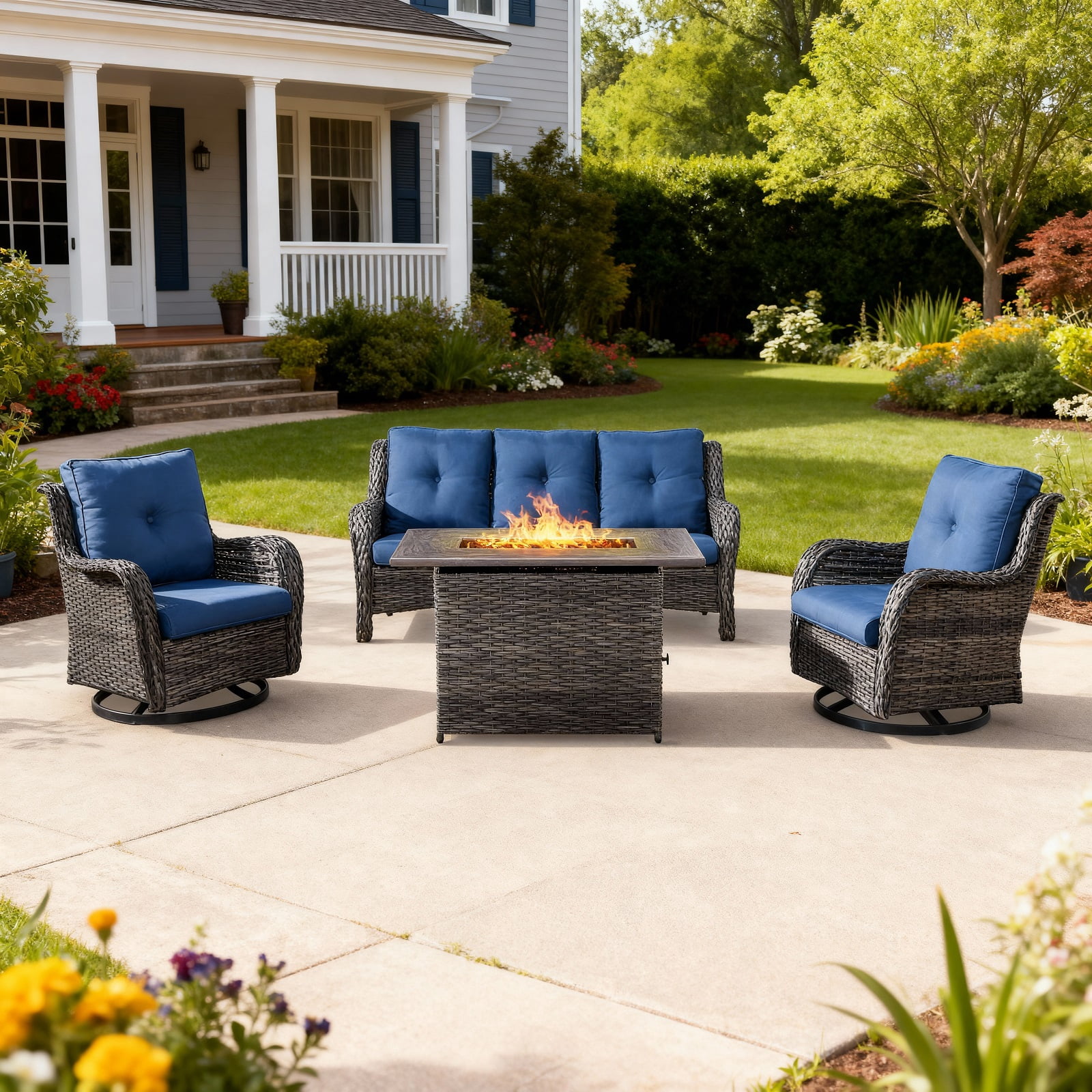 4 Piece Patio Furniture Set with 41" Fire Pit Table, Outdoor All Weather Wicker Rattan Furniture with Swivel Rocking Chairs and 3-Seat Sofa for Backyard Balcony Deck, Blue/Gray