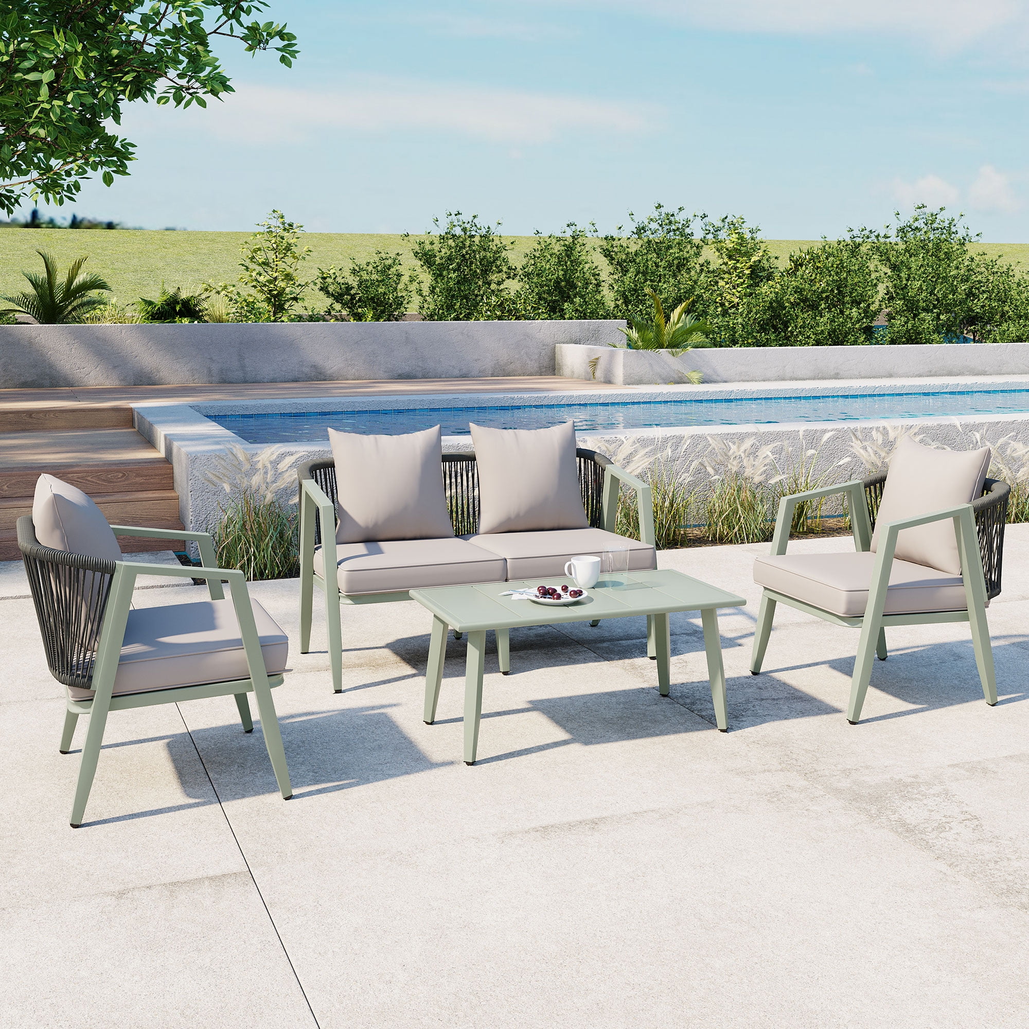 YIORTWO 4-Piece Outdoor Patio Furniture Set, Iron Frame Bistro Set with Cushioned Seating, Includes Table & Bench, for Garden, Poolside, Balcony - Green