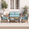 thumbnail image 1 of 4 Piece Patio Furniture Set, All Weather Outdoor Sectional Sofa Manual, Metal & Wicker Frame Patio Conversation Set with Coffee Table & Blue Cushions, 1 of 8