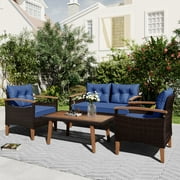 4 Piece Patio Furniture Set, All Weather Outdoor Sectional Sofa Manual, Wood & Wicker Frame Patio Conversation Set with Coffee Table & Blue Cushions