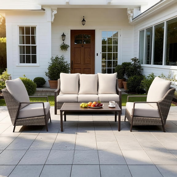 4 Piece Patio Furniture Set, All-Weather Wicker Outdoor Conversation Set with 4.72" Olefin Thick Cushions 3-Seat Sofa, 2 Armchairs & Coffee Table for Deck, Porch, Balcony, Backyard, Beige