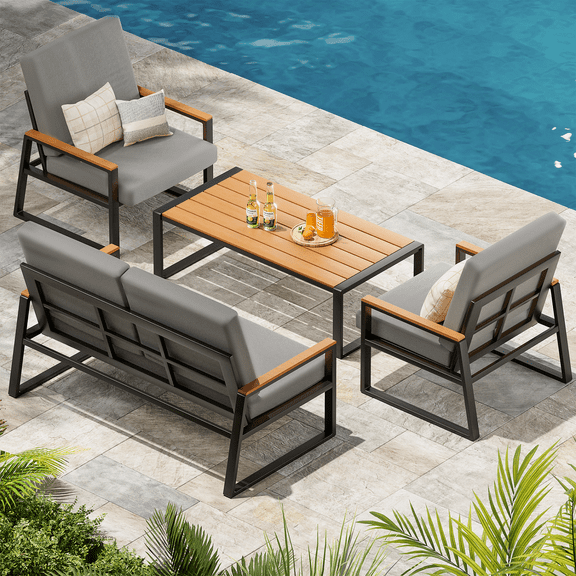 4-Piece Patio Furniture Set, Lofka All-Weather WPC Tabletop & 660lb Capacity, Modern Patio Set with Thick Cushions for Garden, Deck & Backyard