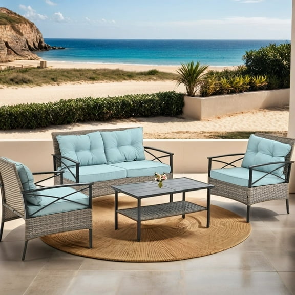 4-Piece Patio Furniture Set with Metal Armrest, All Weather Rattan Conversation Furniture Sets for Backyard, Balcony, Deck w/Soft Cushions & Coffee Table, Blue