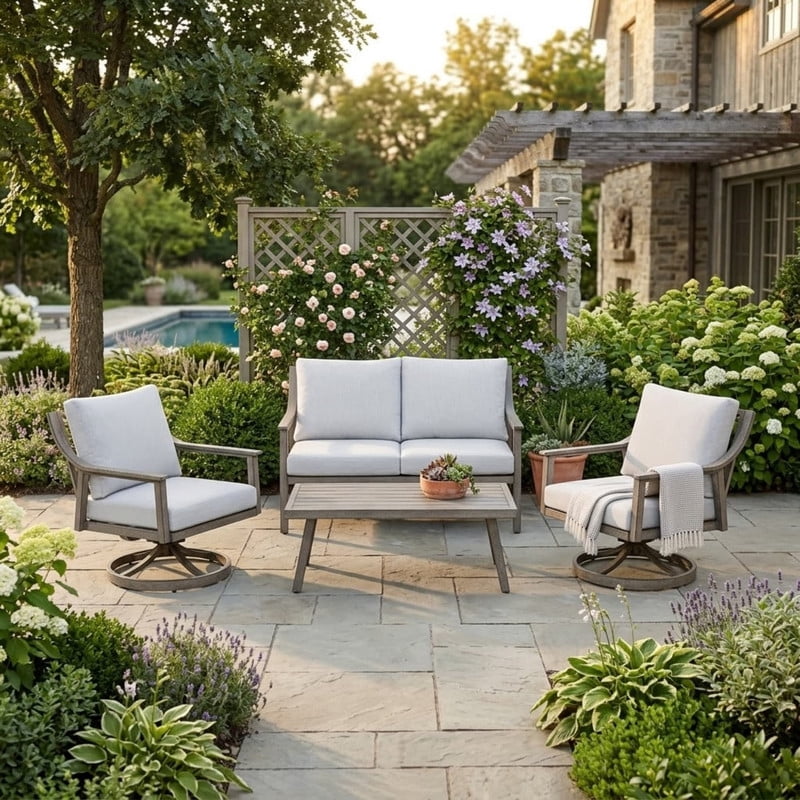 4-Piece Patio Furniture Set - Outdoor Aluminum Patio Conversation Set Includes 1 Loveseat, 2 Swivel Chairs, and 1 Coffee Table