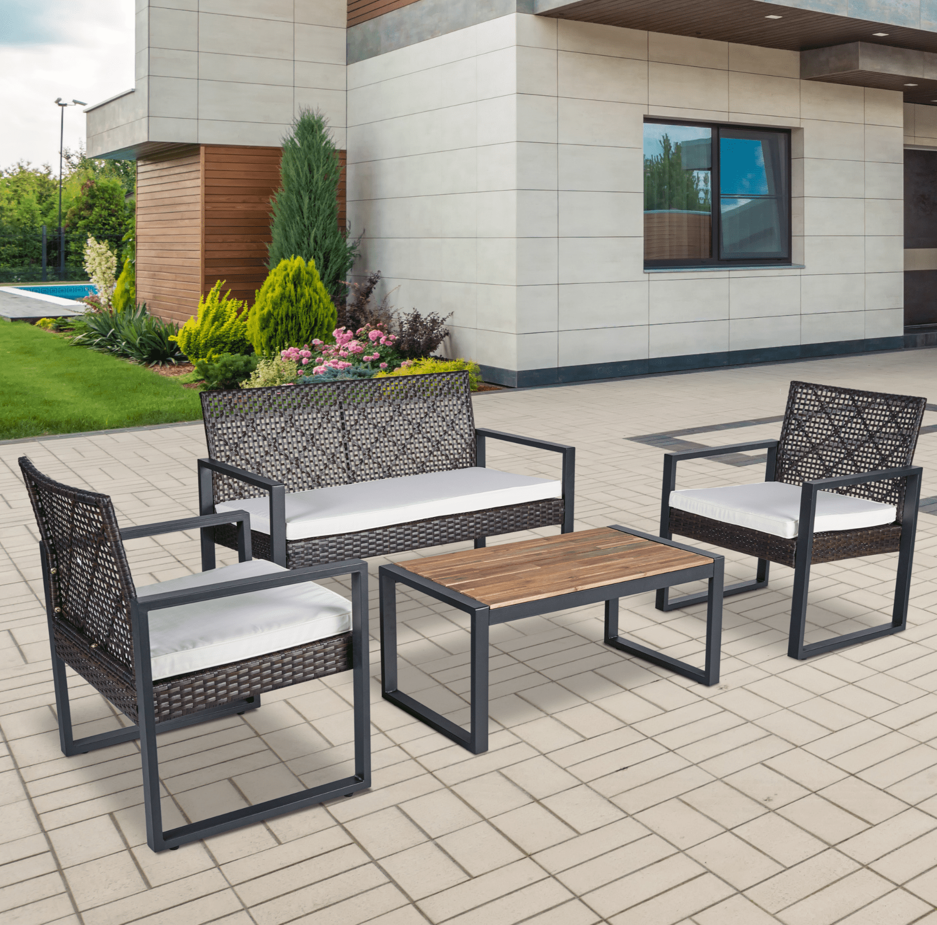 4-Piece Patio Furniture Set Outdoor Balcony Porch Garden Backyard Lawn Furniture Acacia Wood Table Top, Morden Brown and Beige Cushion