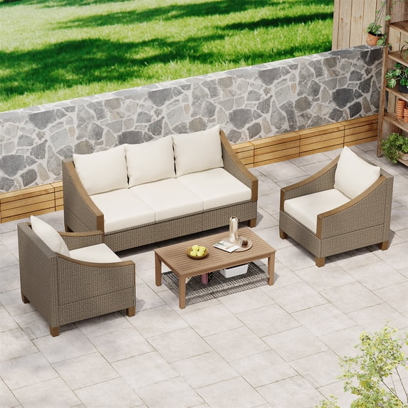 4 Piece Patio Furniture Set, Outdoor Patio Conversation Set, All-Weather PE Rattan Wicker Sectional Patio Sofa Set with Tempered Glass Coffee Table for Family Gatherings