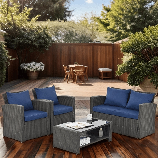 4 Piece Patio Furniture Set, Outdoor Conversation Set Acacia Solid Wood Outdoor Sofa Set for Poolside Garden, Grey Cushions