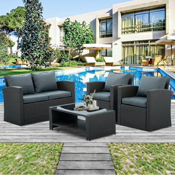 4 Piece Patio Furniture Set, Outdoor Conversation Set Acacia Solid Wood Outdoor Sofa Set for Poolside Garden, Grey Cushions