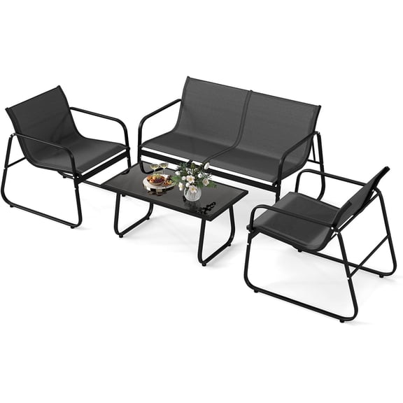 4 Piece Patio Furniture Set, Outdoor Metal Conversation Chair & Coffee Table Set with Mesh Seat Fabric & Tempered Glass Tabletop, Outside Bistro Set for Backyard, Porch, Poolside (1, Black)