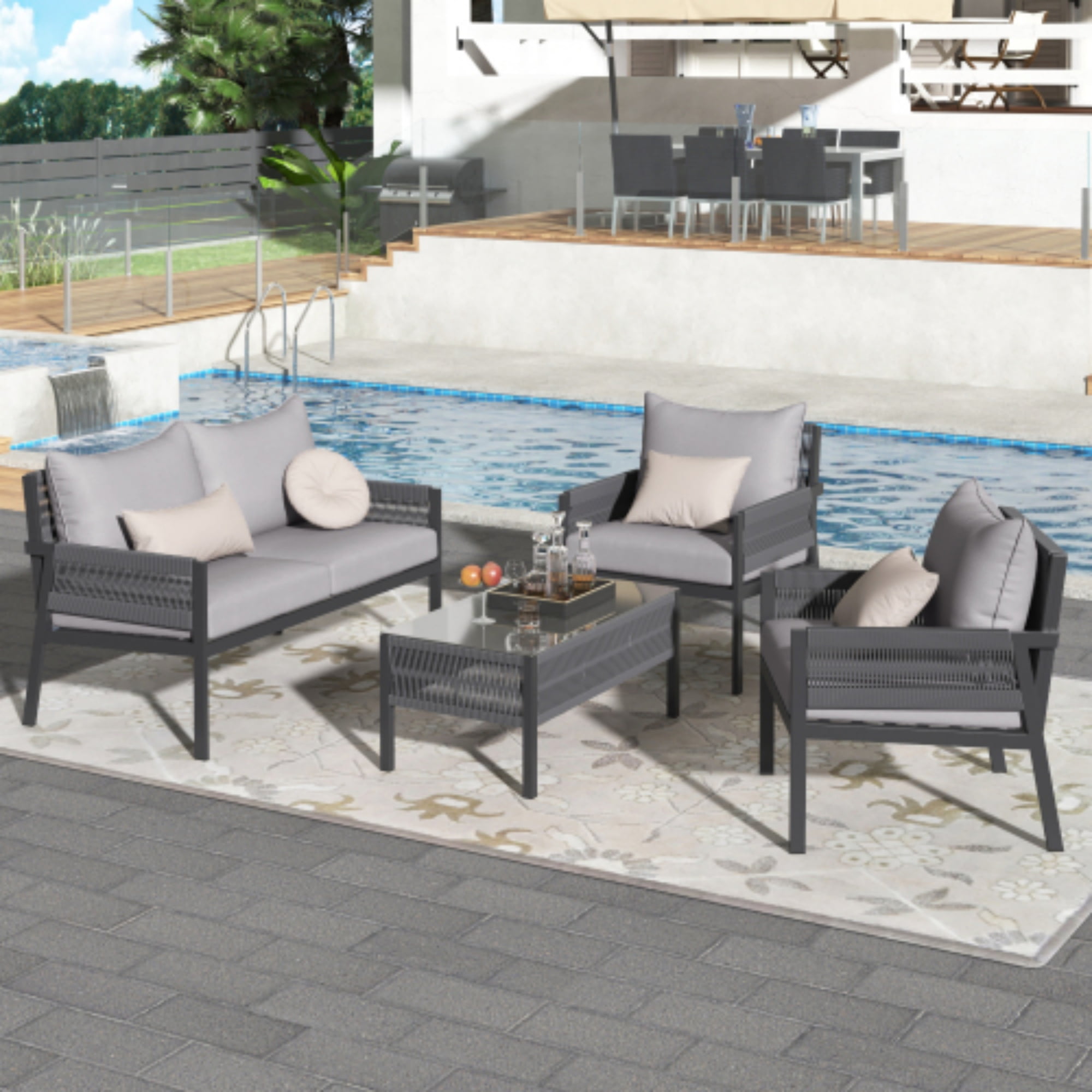 Gray Steel Rope 4-Piece Outdoor Patio Conversation Set with Cushions