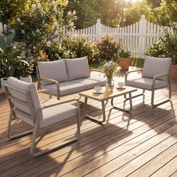 4 Piece Patio Furniture Set, Outdoor Sofa Set with Loveseat, 2 Armchairs, Coffee Table and Cushions