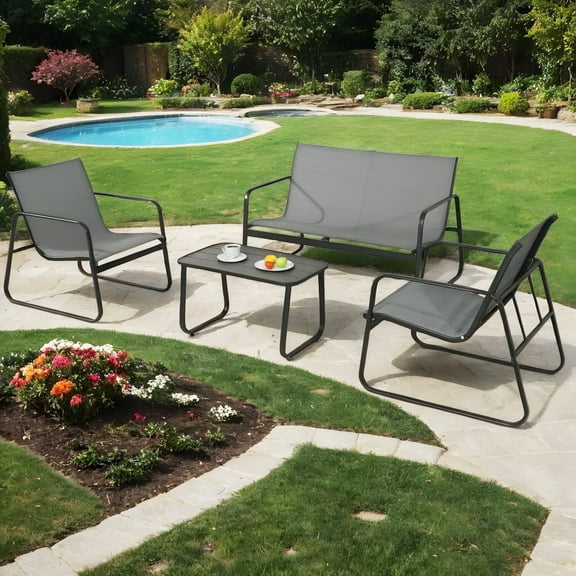 Junkai 4-Piece Textilene Lightweight Outdoor Conversation Sets with Chairs and Loveseat, Grey