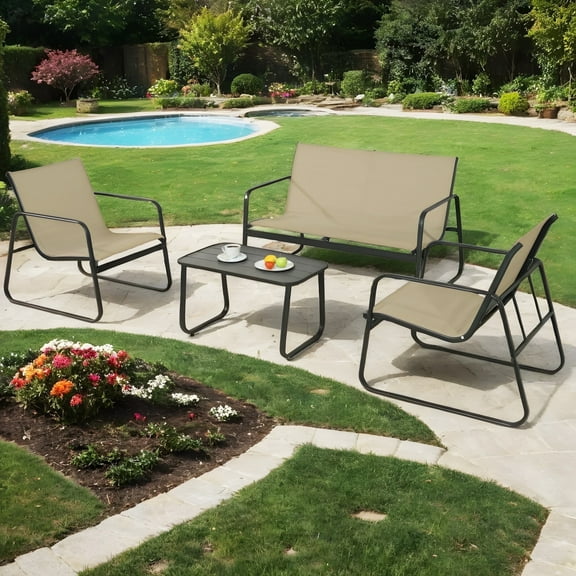 4-Piece Patio Furniture Set on sale, Junkai Outdoor Textilene Conversation Set With Chairs & Loveseat, With Coffee Table For Garden, Balcony, Poolside, Backyard  Khaki