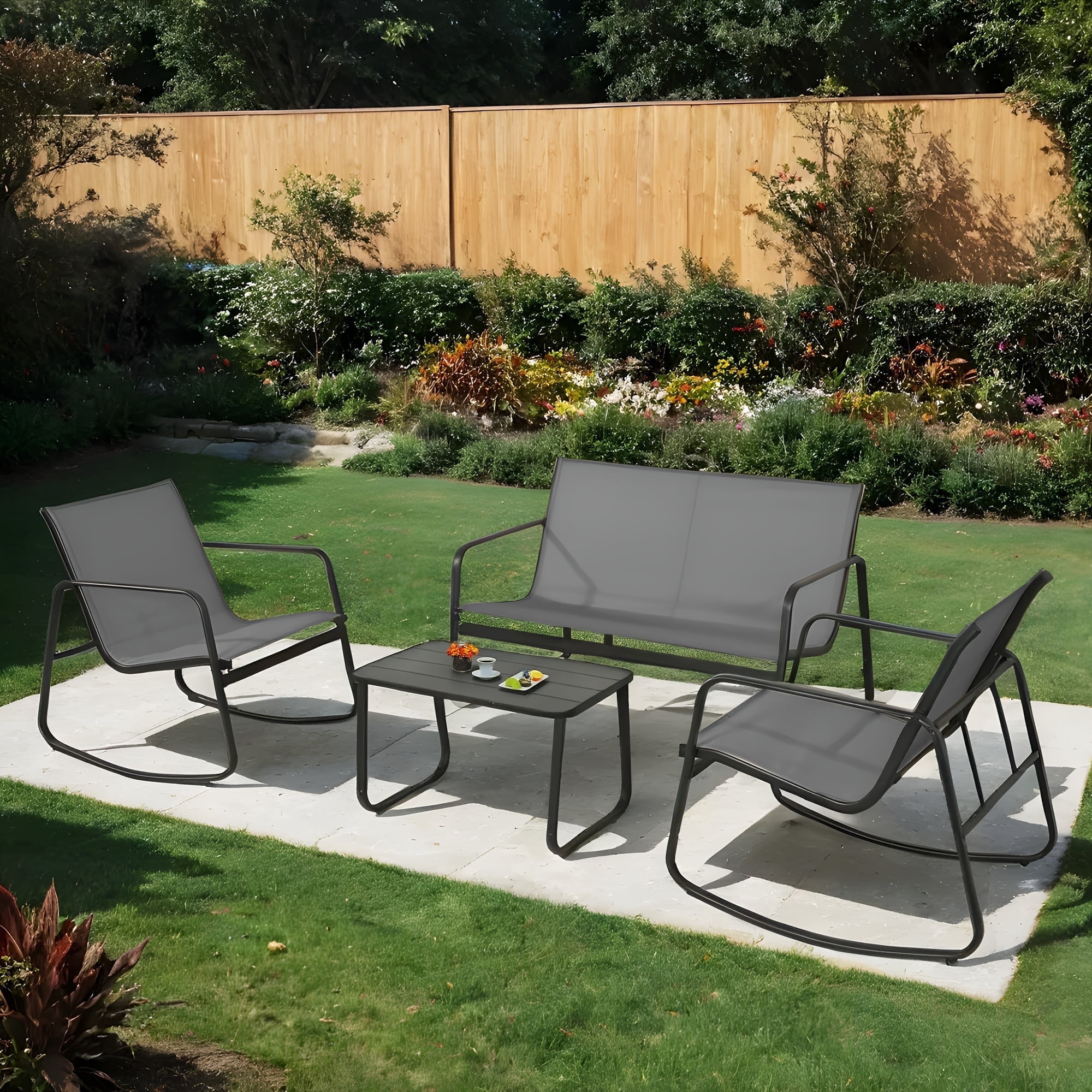 4-Piece Patio Furniture Set, Textilene Outdoor Conversation Set with 2 Rocking Chairs and Coffee Table (Gray)