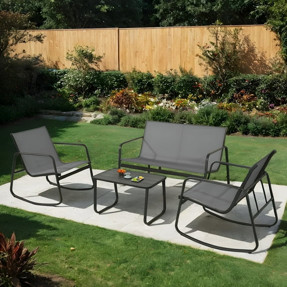 4-Piece Water-Resistant Outdoor Conversation Sets with Rocking Chairs and Loveseat