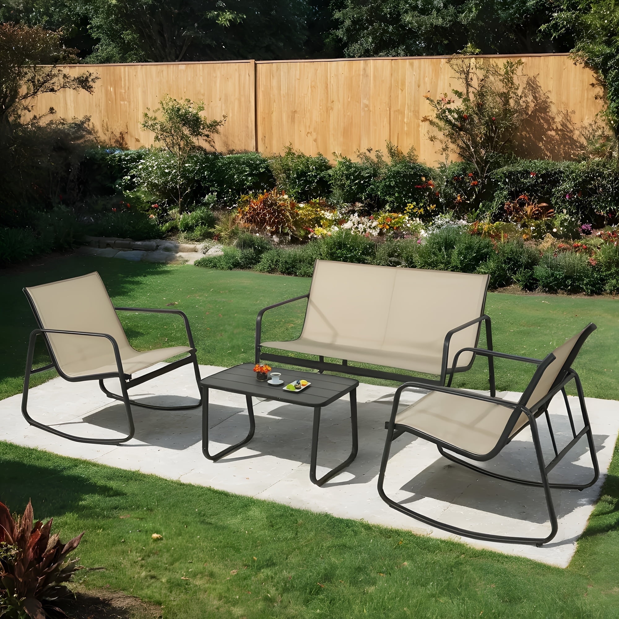 4-Piece Patio Furniture Set, Textilene Outdoor Conversation Set with 2 Rocking Chairs and Coffee Table（Khaki）