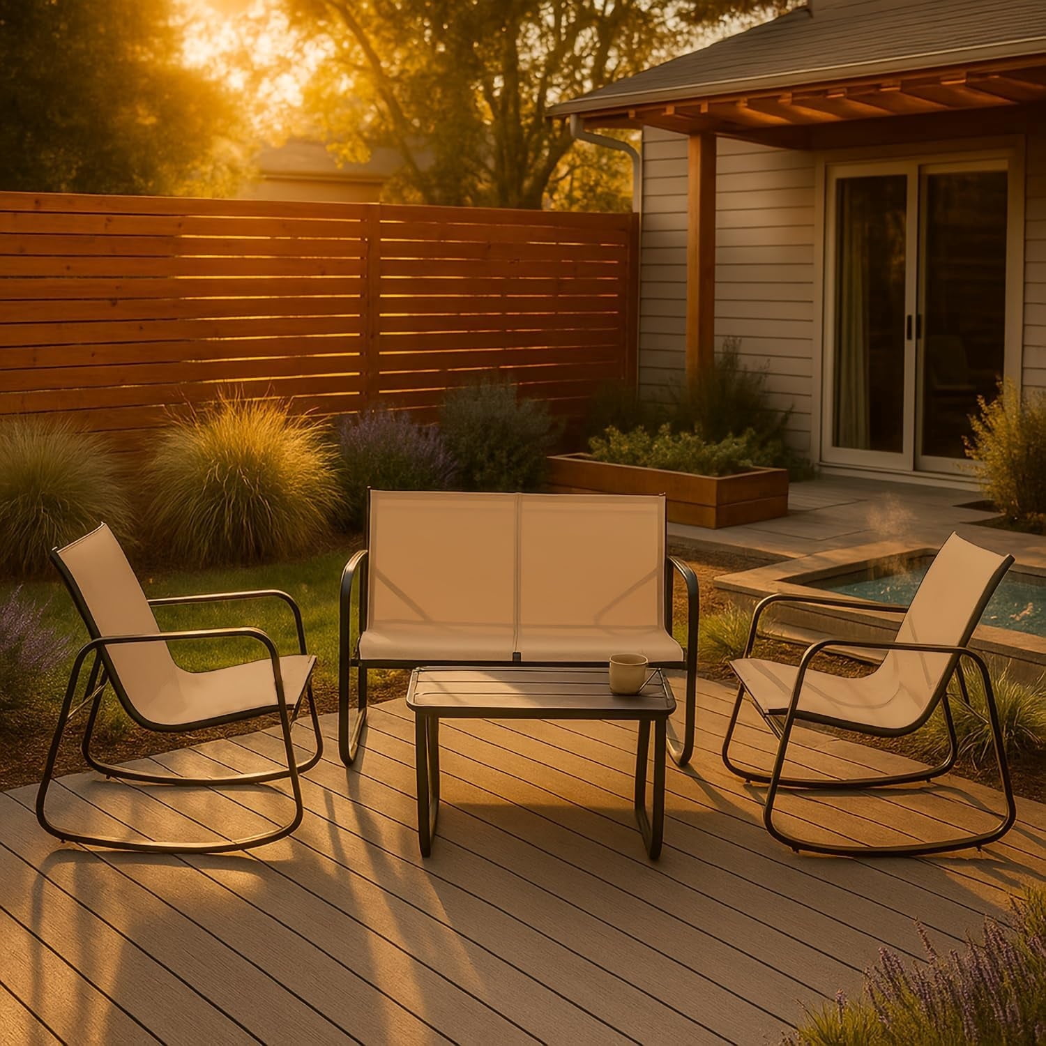 4-Piece Patio Furniture Set, Outdoor Textilene Conversation Set with Rocking Chairs & Loveseat, with Coffee Table for Garden, Balcony, Poolside