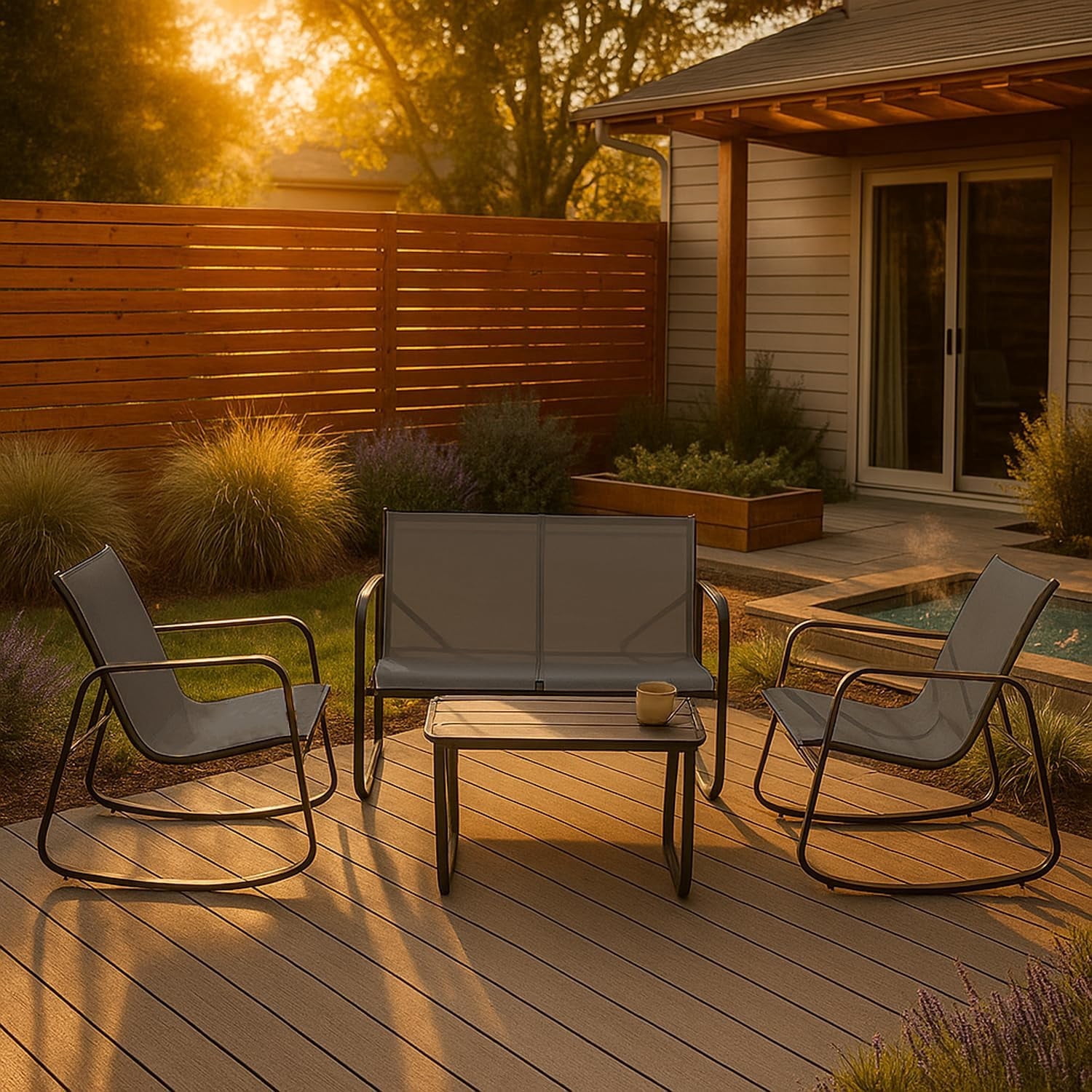 4-Piece Patio Furniture Set, Outdoor Textilene Conversation Set with Rocking Chairs & Loveseat, with Coffee Table for Garden, Balcony, Poolside