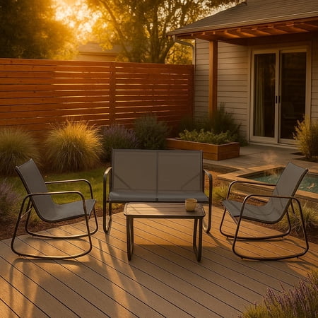 4-Piece Patio Furniture Set, Outdoor Textilene Conversation Set with Rocking Chairs & Loveseat, with Coffee Table for Garden, Balcony, Poolside