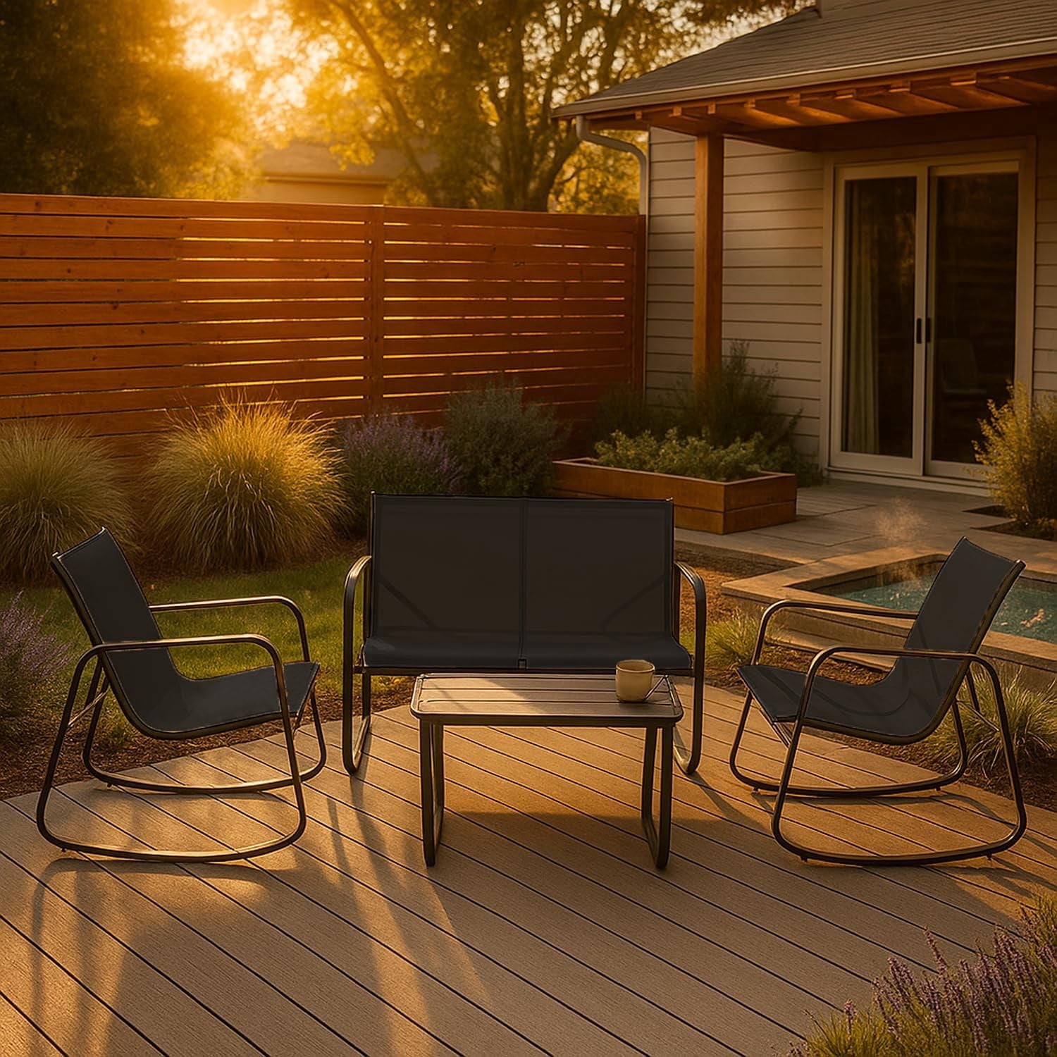4-Piece Patio Furniture Set, Outdoor Textilene Conversation Set with Rocking Chairs & Loveseat, with Coffee Table for Garden, Balcony, Poolside