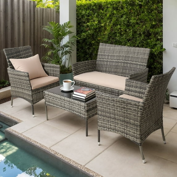4-Piece Patio Furniture Set Outdoor Waterproof PE Rattan Conversation Set with Sofa and Coffee Table for Backyard, Gardens, Balconies, and Poolside