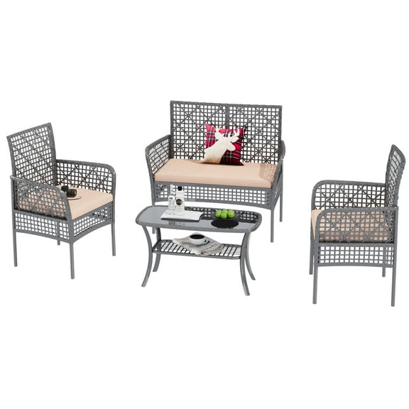 4 Piece Patio Furniture Set,Outdoor Wicker Chair Rattan Conversation Sets with Cushions and Coffee Table, for Patio Porch Garden Backyard, khaki