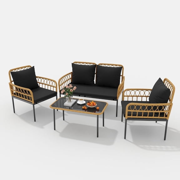 4-Piece Patio Furniture Set, Outdoor Wicker Rattan Chairs with Glass Table, Outside Bistro Set with Removable Cushions, Modern Rattan Patio Chairs Conversation Set for Porch, Garden, Balcony, Black