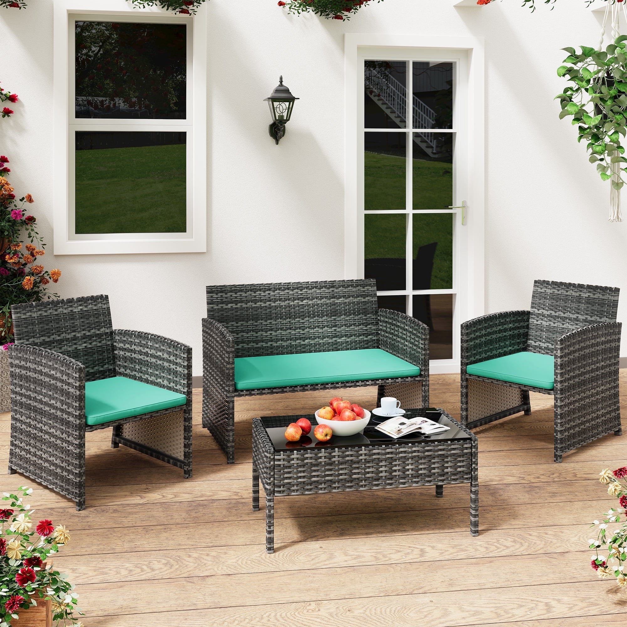4-Piece Patio Furniture Set Outdoor Wicker Rattan Chairs and Loveseat with Cushions and Glass Table for Garden, Backyard, Balcony, Porch, or Poolside - Grey and Blue