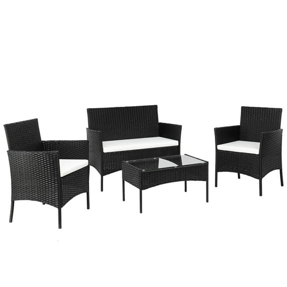 4 Piece Patio Furniture Set, Outdoor Wicker Rattan Sectional Sofa, Conversation Set with Tempered Glass Coffee Table& Cushion, All Weather Outdoor Patio Couch