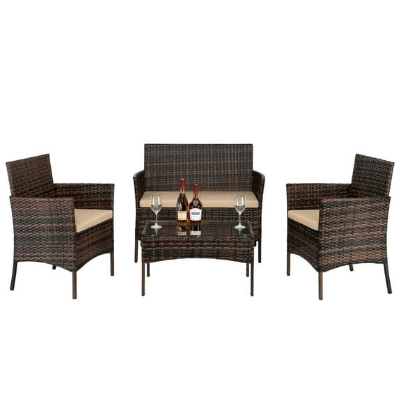4 Piece Patio Furniture Set, Outdoor Wicker Rattan Sectional Sofa, Conversation Set with Tempered Glass Coffee Table& Cushion, All Weather Outdoor Patio Couch