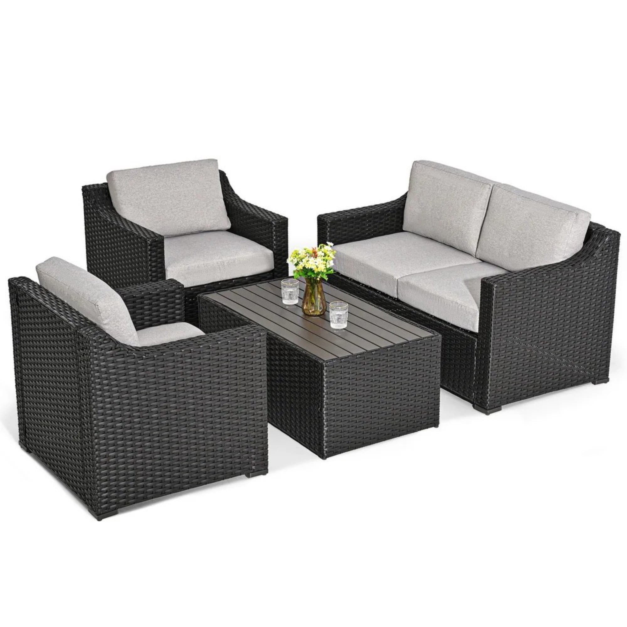 4 Piece Patio Furniture Set Outdoor Wicker Rattan Sofa Set with Loveseat Chairs Wood Coffee Table Cushioned Seating for Backyard Porch Garden (Brown/Grey)